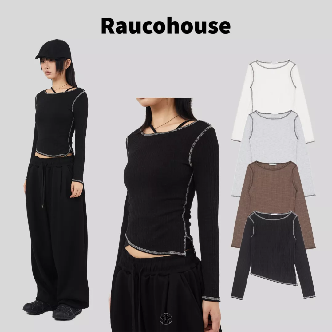 Raucohouse拷克線條不對稱合身長Tee