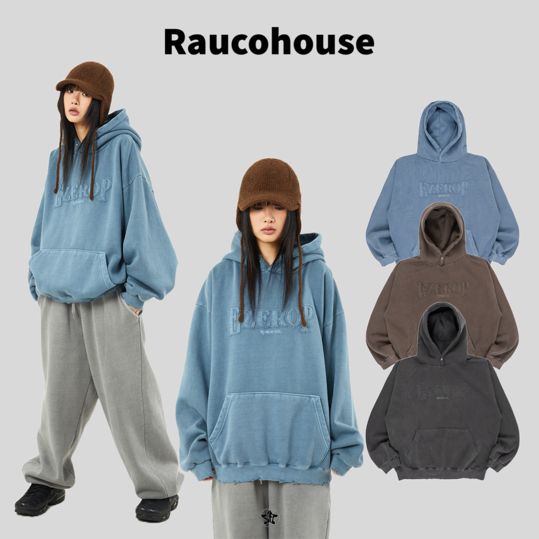 Raucohouse 仿舊水洗破損字母內刷毛帽Tee