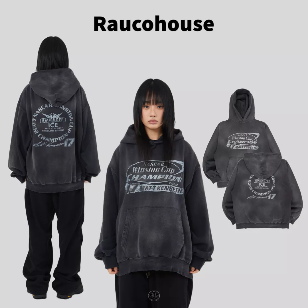 Raucohouse 仿舊水洗破損復古印花內刷毛帽Tee