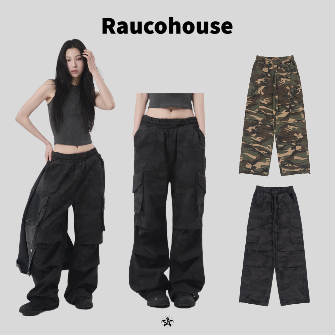 Raucohouse 迷彩工裝抓褶落地寬褲