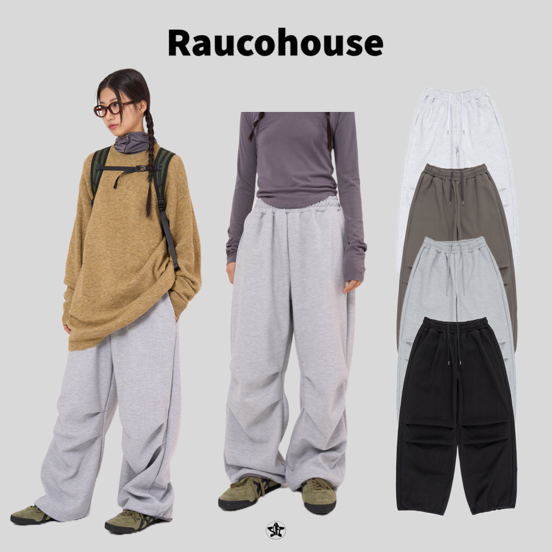 Raucohouse抓褶寬闊拉鏈造型運動棉褲