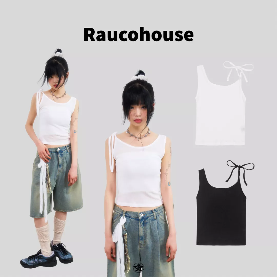 Raucohouse不對稱綁帶亞麻無袖上衣