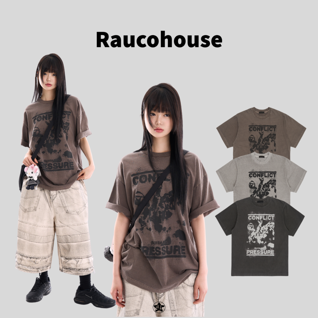 Raucohouse 水洗仿舊復古印花短Tee