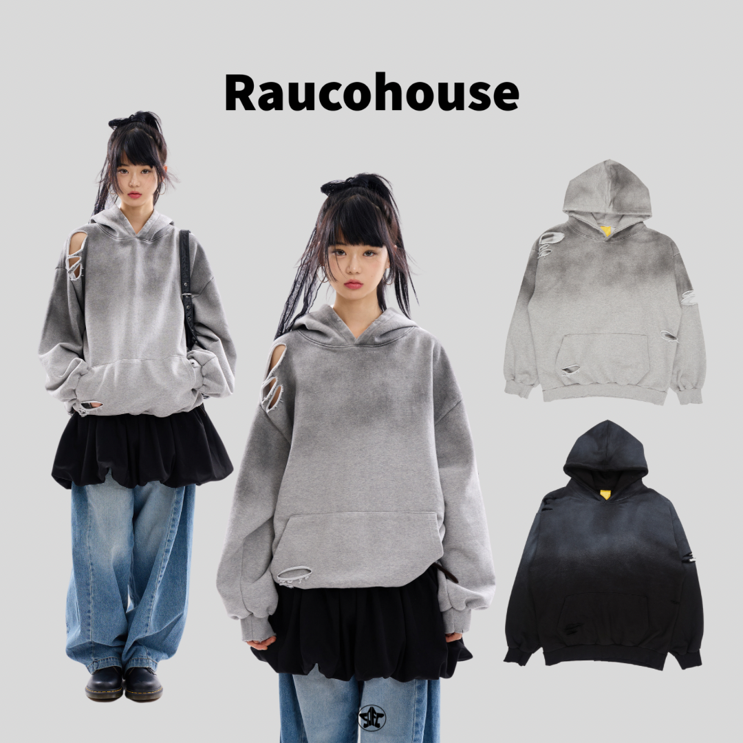 Raucohouse水洗暈染做舊破損帽Tee