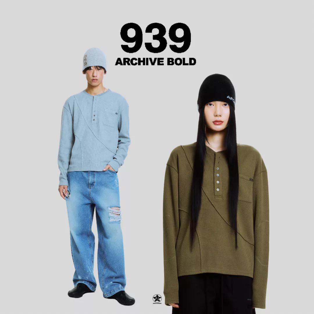 ARCHIVE BOLD 939 鏤空拼接亨利領長袖上衣 Cutout Panel Henley T-Shirts