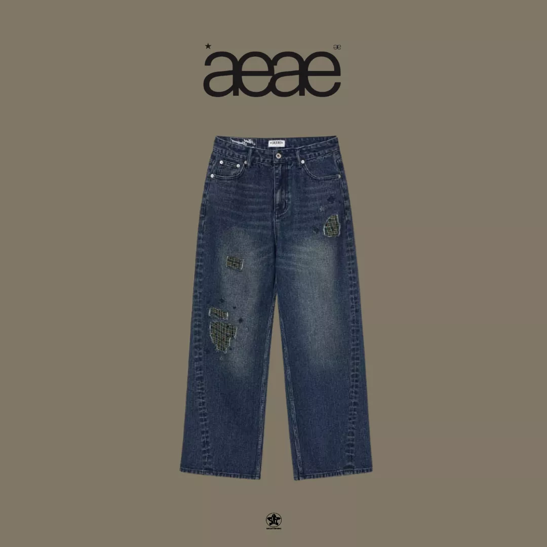 aeae CHECK PATCHWORK DENIM PANTS 格紋拼接牛仔長褲
