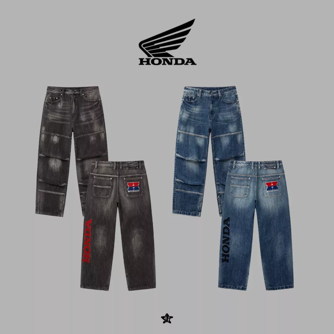 Honda Vintage Biker Wide Jean復古賽車藝術圖騰寬版牛仔褲