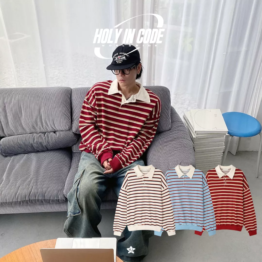 HOLY IN CODE N Stripe Collar Sweatshirt 條紋翻領長袖大學衛衣