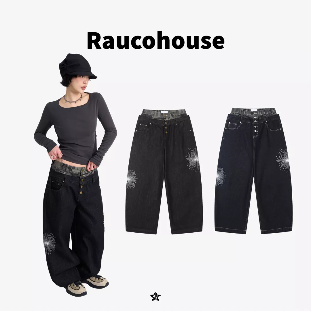 Raucohouse Deep Indigo Camo Sagging Denim Pants迷彩腰部拼接垂墜牛仔褲