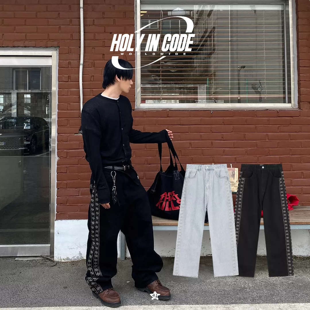 HOLY IN CODE R pattern wide pants圖騰側邊刺繡寬版長褲