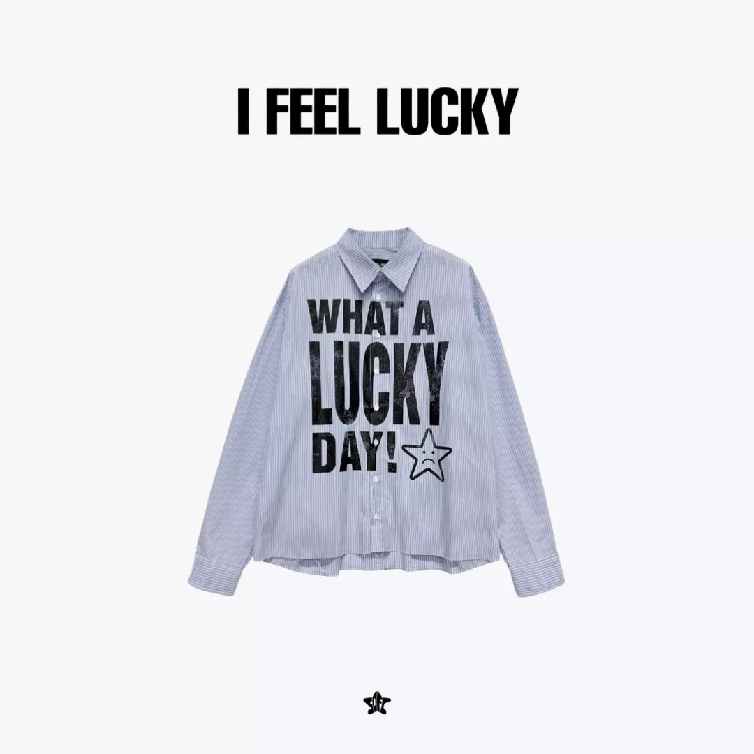 I FEEL LUCKY What a lucky day! shirt標語條紋長袖襯衫