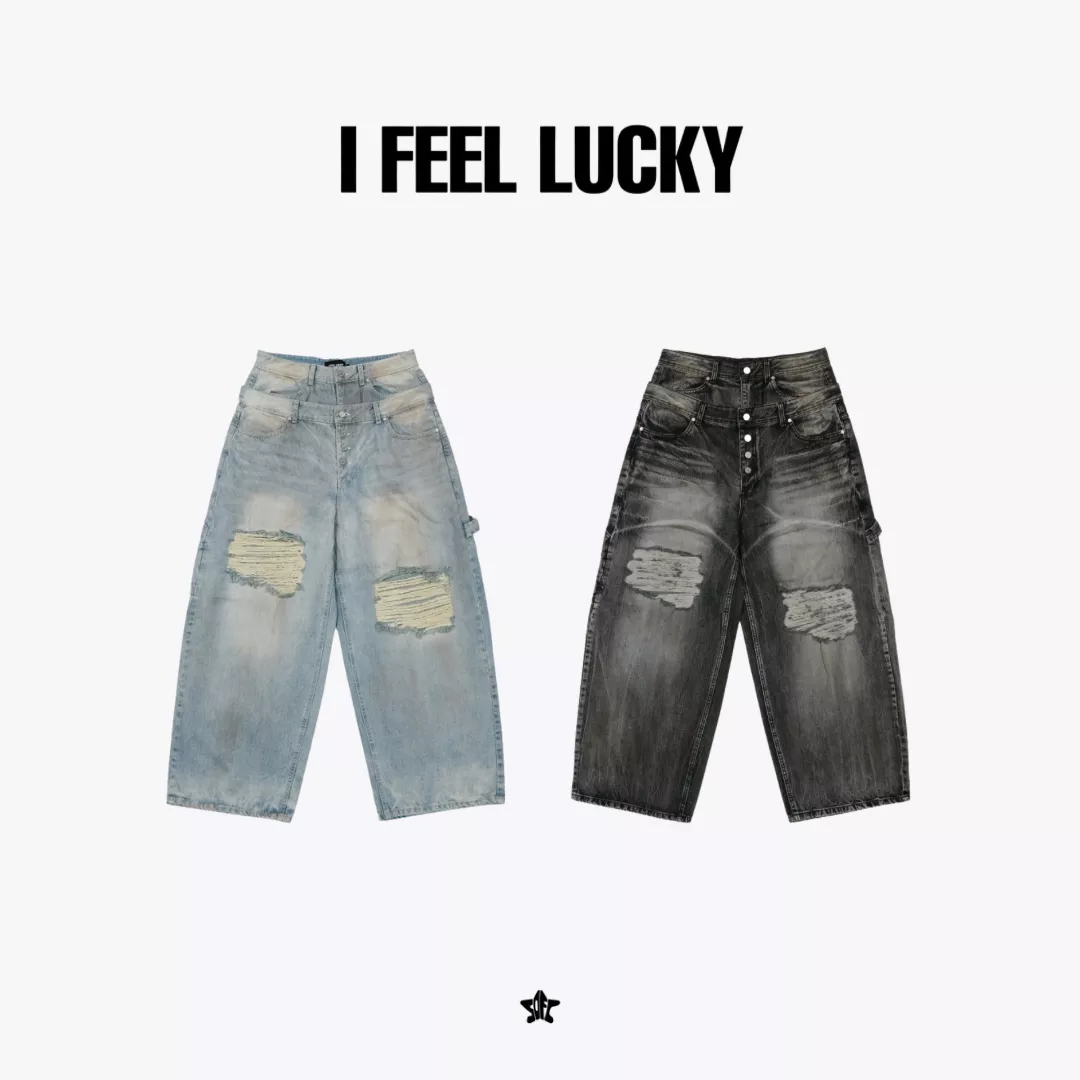 I FEEL LUCKY Double waist carpenter pants雙腰頭破壞感木工牛仔寬褲