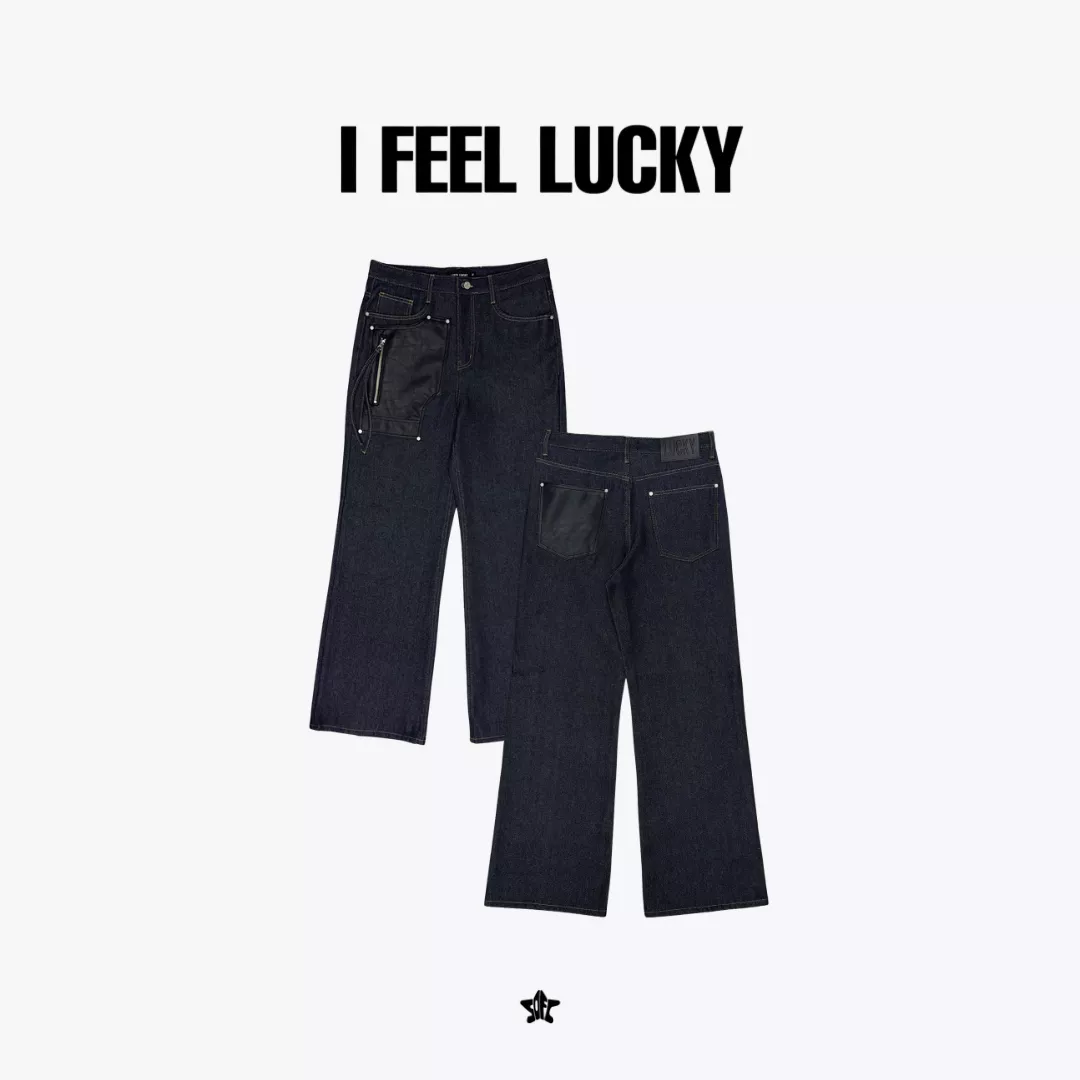 I FEEL LUCKY LUCKY KOIN LEATHER PATCH STRAIGHT JEAN皮革貼布直筒牛仔褲