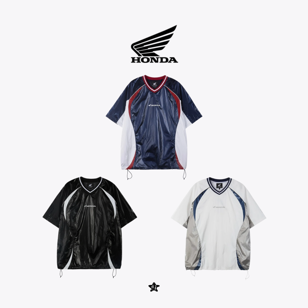HONDA Glosy Nylon V Neck Short Sleeve復古運動亮面V領短袖上衣