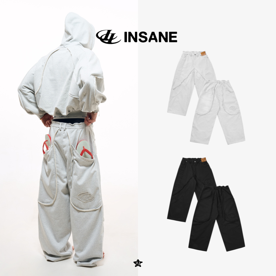 INSANE Halo Sweatpants弧線縫線設計刷破字母寬版工裝長褲