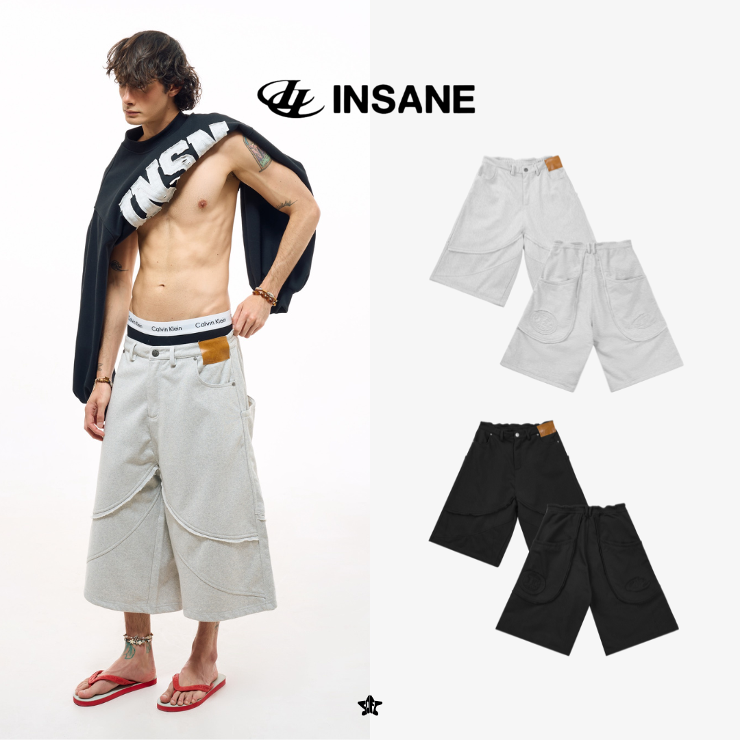 INSANE Halo Sweatjorts弧線縫線設計刷破字母寬版工裝短褲