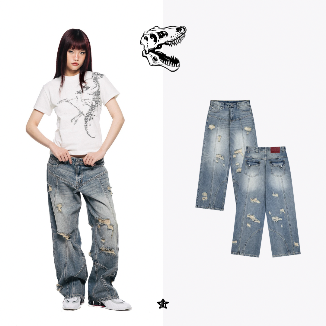 T.REDX BlueDX Ribbed Jeans水洗刷破牛仔褲