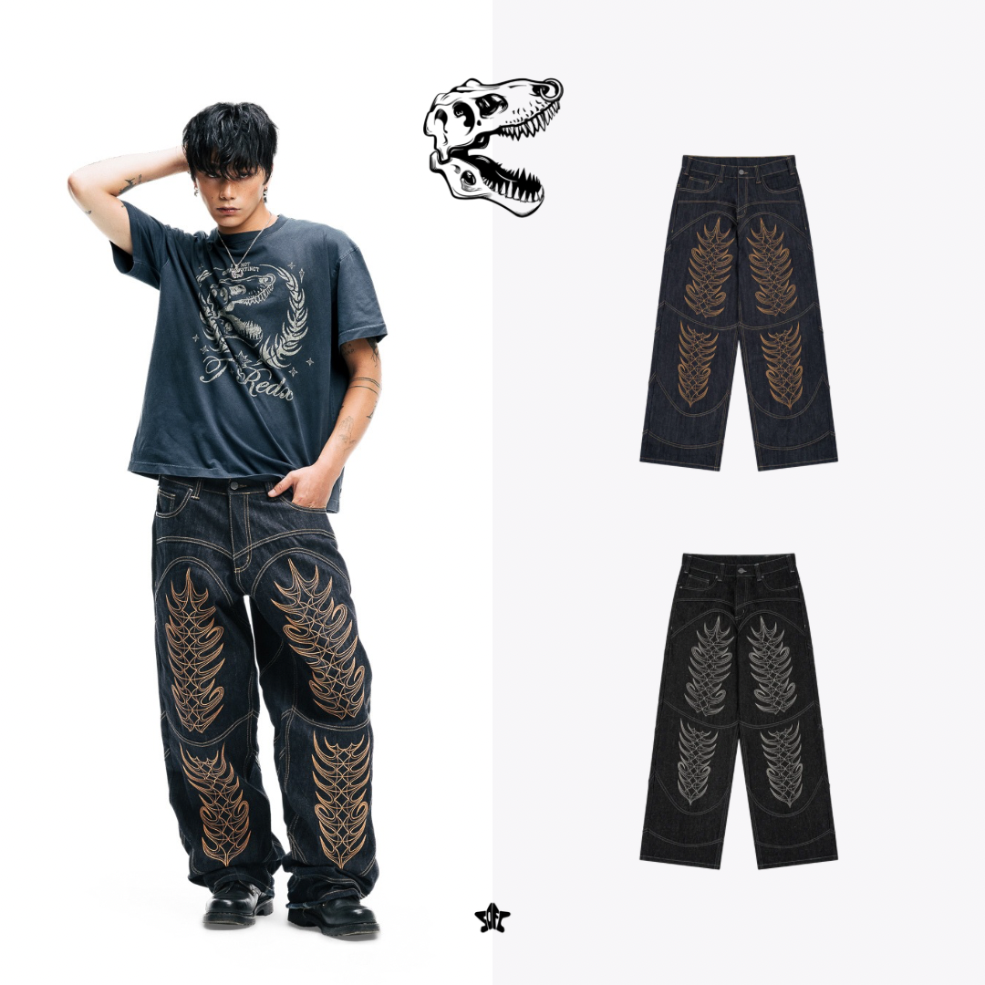T.REDX Ar-MureDX Jeans火焰骨骼刺繡牛仔褲