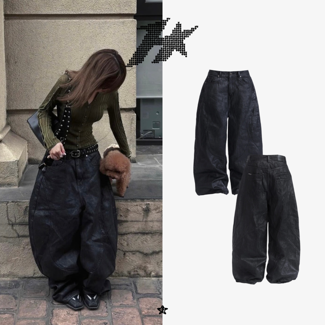 HADES FAUX LEATHER COATED WIDE-LEG JEANS皮革塗層寬管牛仔褲