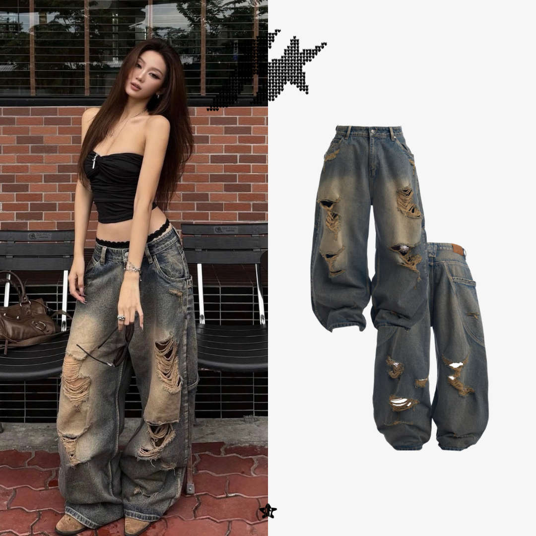 HADES GRUNGE RIOT DENIM PANTS破壞感牛仔寬褲