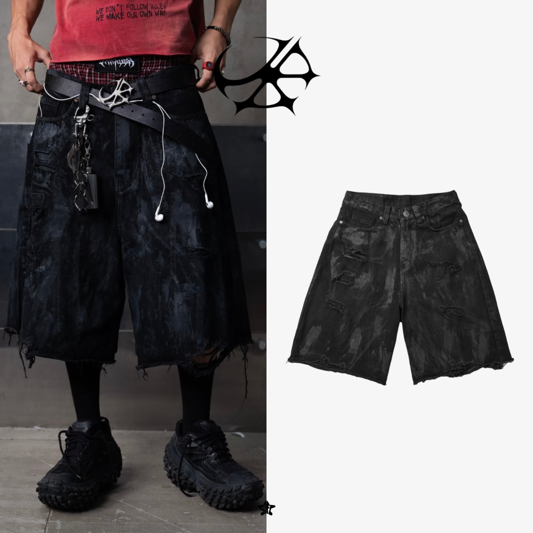 UNKRUSH REDLABEL Baggy denim shorts潑墨破壞感牛仔寬鬆短褲