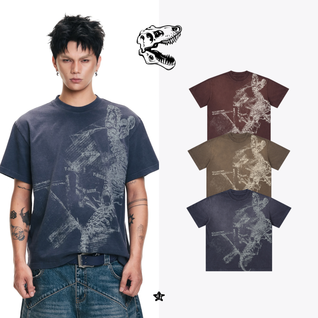 T.redx CRACKDINOEDX WASHED TEE石洗恐龍骨骼印花上衣