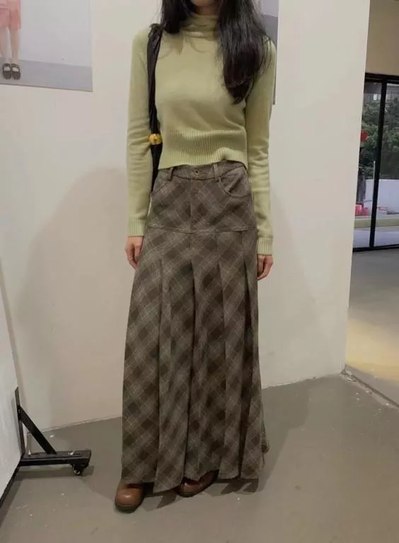 E38復古百摺格子長裙