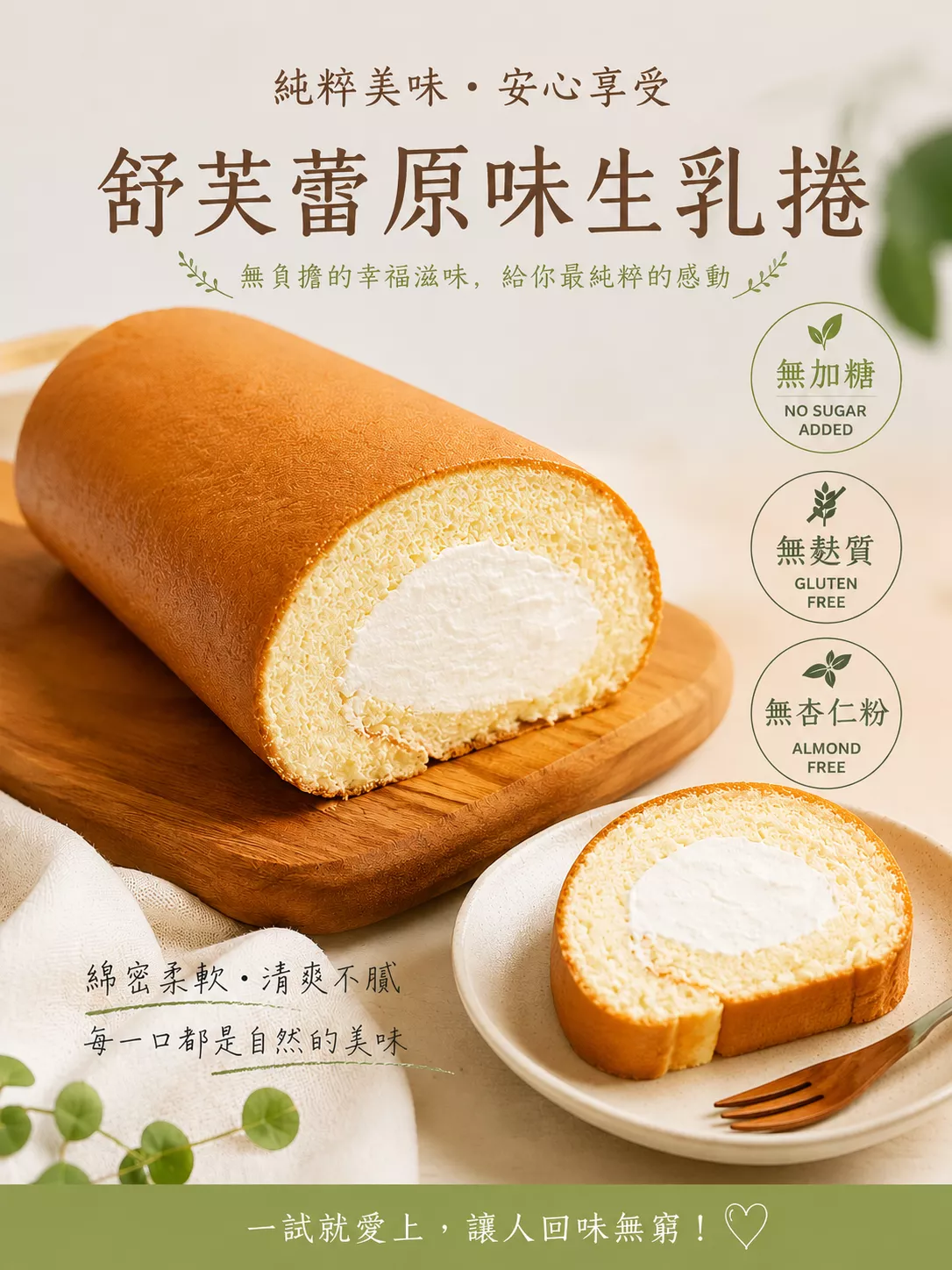無加糖 無麵粉-舒芙蕾生乳捲(原味、抹茶、牛奶糖、檸檬)
