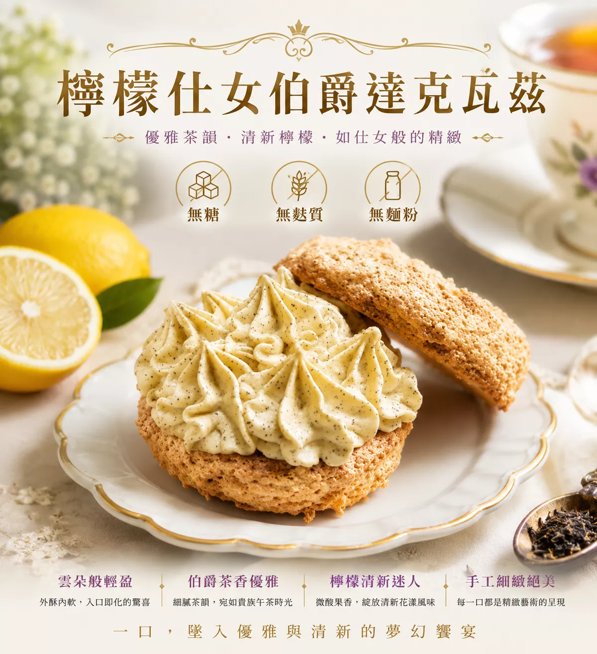 無加糖 無麵粉 焙煎焙茶/檸檬仕女伯爵 達克瓦茲 (6入/盒)