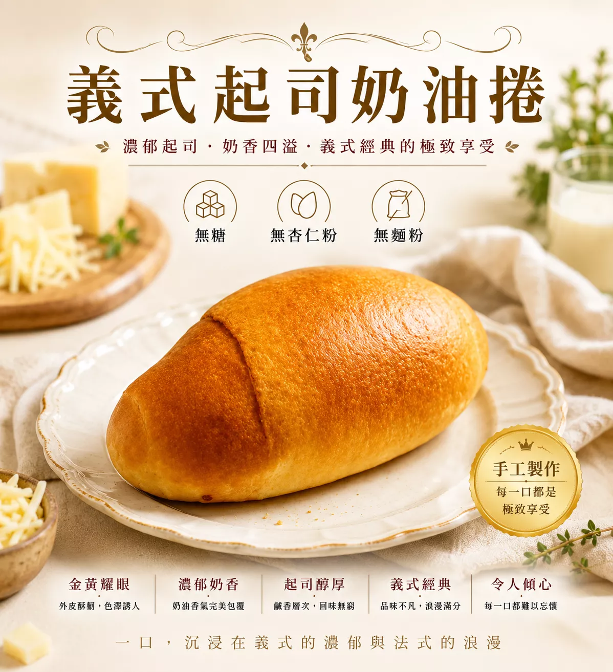 無加糖 無麵粉 義式起司奶油捲 (6個/包)