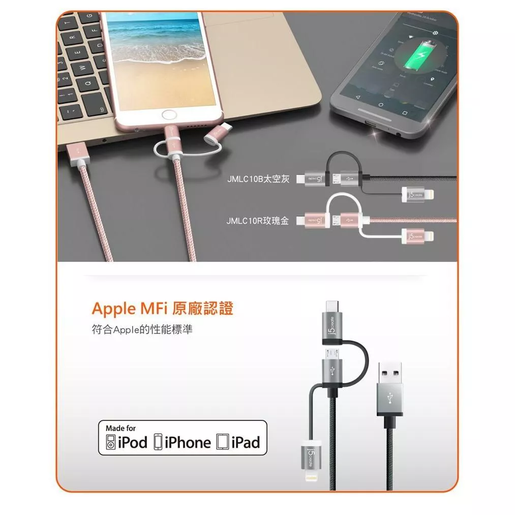 三合一充電線 傳輸線- iPhone 安卓 Type-C ★蘋果MFi原廠認證 JMLC10B/R SD