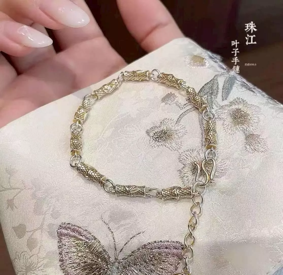 預購20天到貨    純銀描金工藝國風葉子手鍊 