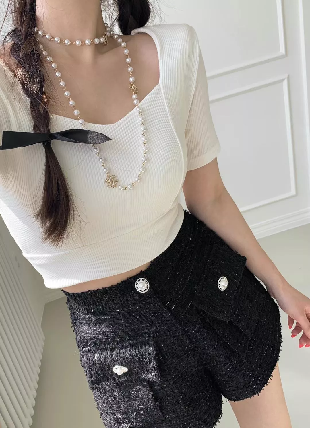 日常彈性貼身短版方領上衣 (5color)