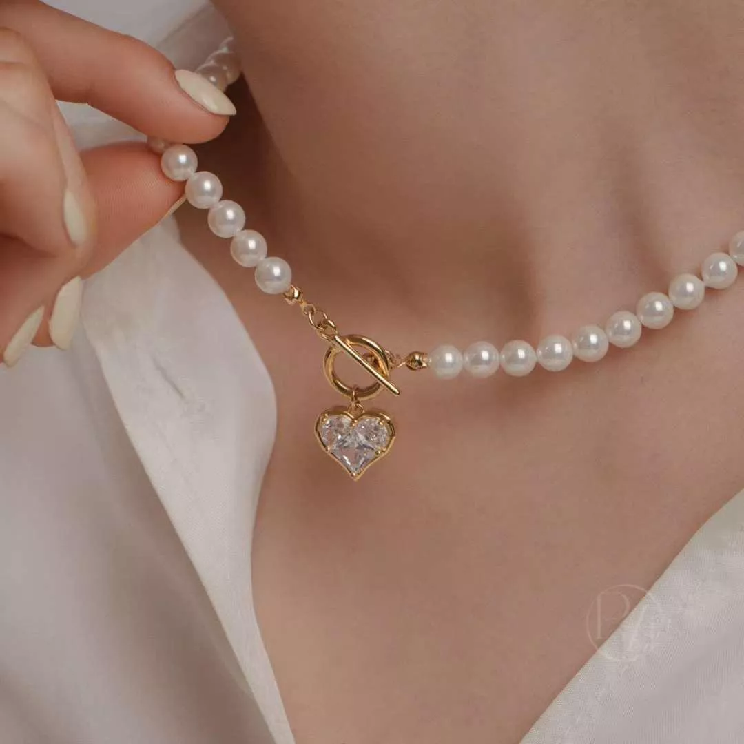 May05-愛心水鑽珍珠項鍊 (2color)