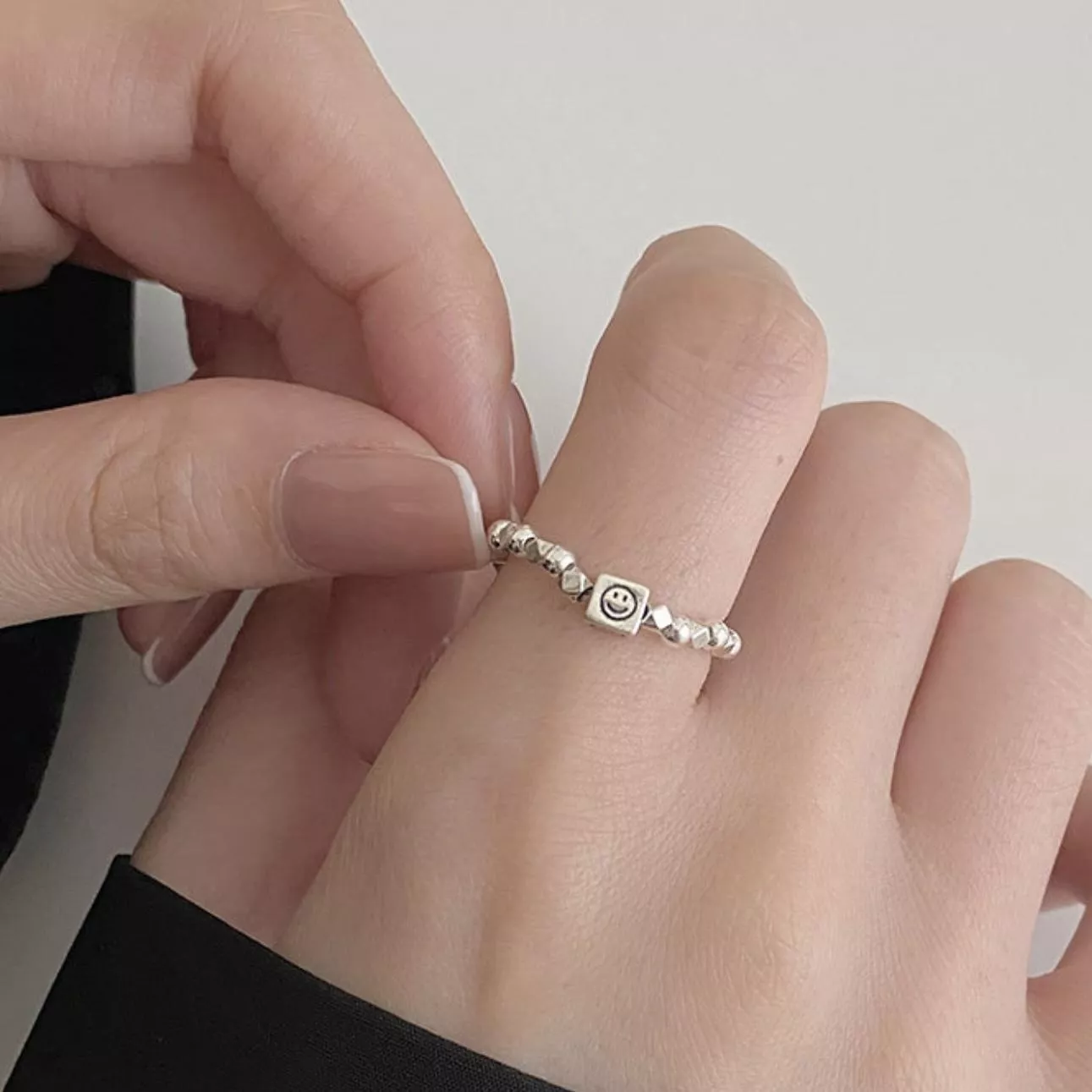 [925純銀]碎銀子笑臉戒指(銀）