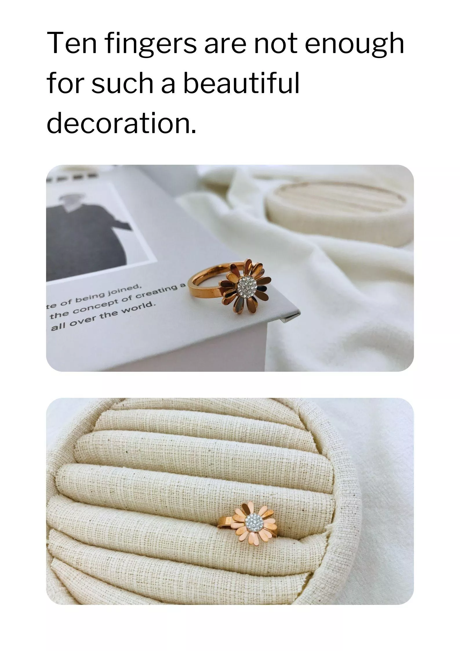 如果妳喜歡那種「不經意卻很可愛」的飾品，那這款雛菊戒指真的很對味。 小小一朵花戴在手上，甜甜的、不會太浮誇，剛剛好像日常裡的小浪漫。 鈦鋼材質超耐用，不怕水、不怕刮，一整天戴著也沒問題。穿 T-shirt 休閒風時它很清新；穿洋裝又變得超溫柔。就是那種，任何一天都能戴，永遠不NG 的戒指。