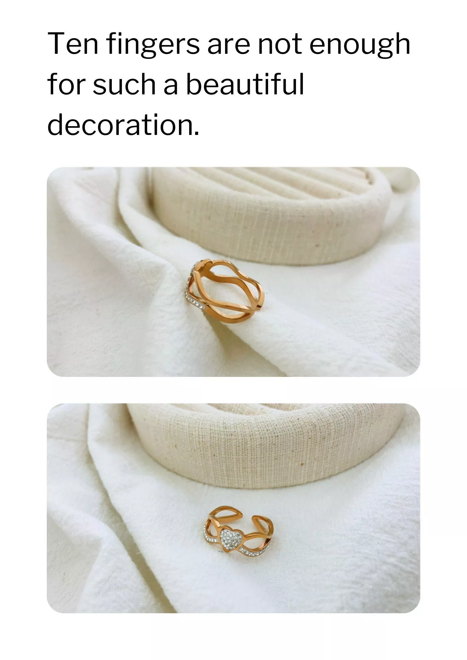 這款玫瑰金戒指是那種，看一眼就會覺得「戴上去應該會很好看」的類型。 它沒有複雜裝飾，光是玫瑰金的細緻光澤就很迷人，完全是低調又有氣質的那種。 鈦鋼材質真的很耐用，不怕洗手、不怕日常磨損，就算天天戴也不會暗掉。搭牛仔褲是俐落，搭裙子變溫柔，完全就是一枚衣櫃裡必備的金屬感單品。