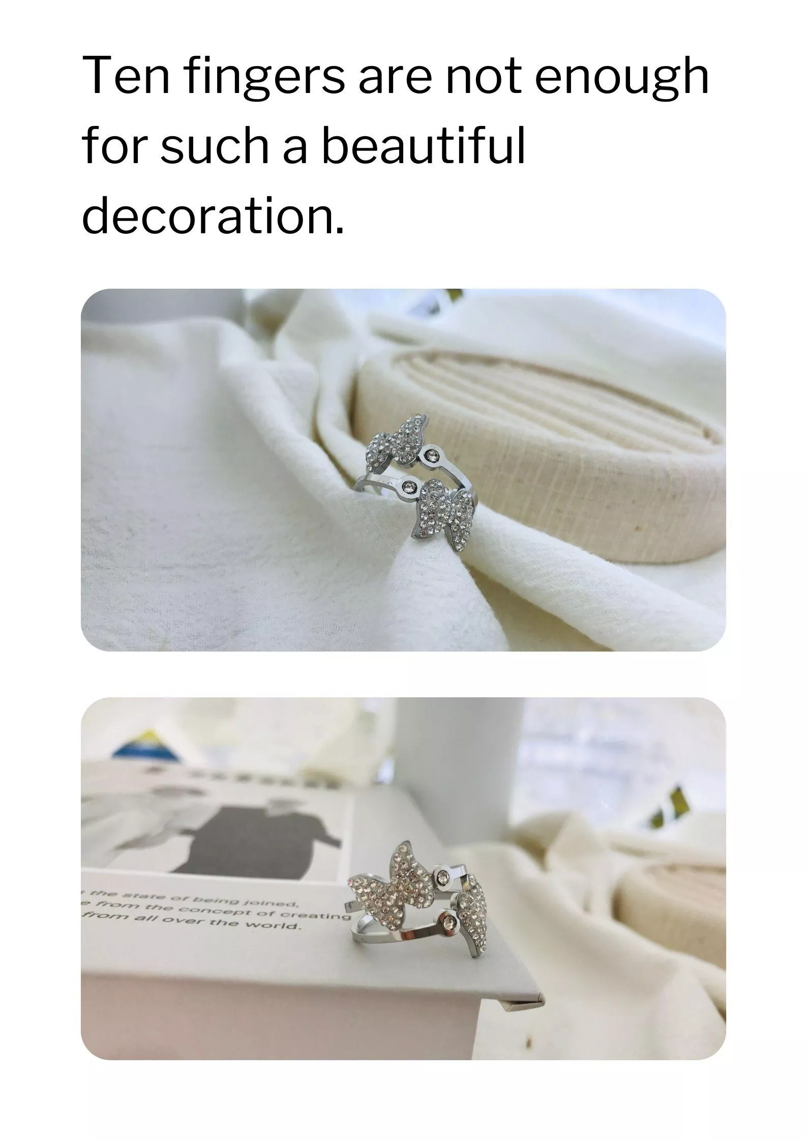 「弄蝶齊眉」是那種乍看很安靜，戴起來卻超級有存在感的戒指。 線條像蝶翼剛落下的弧度，輕盈又乾淨，手指一伸就有一種柔中帶剛的氣質感。無論是白襯衫、針織、簡約洋裝，都能自然融入妳的穿搭。 鈦鋼材質耐用又不褪色，真的適合每天戴。單戴是溫柔文青風，混搭則能堆出帶點神秘的小性感，低調卻很動人。