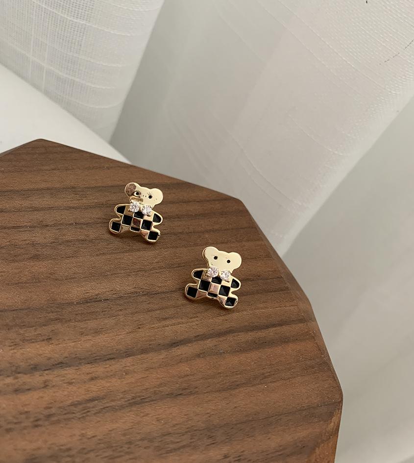棋盤小熊 • 貼耳耳環