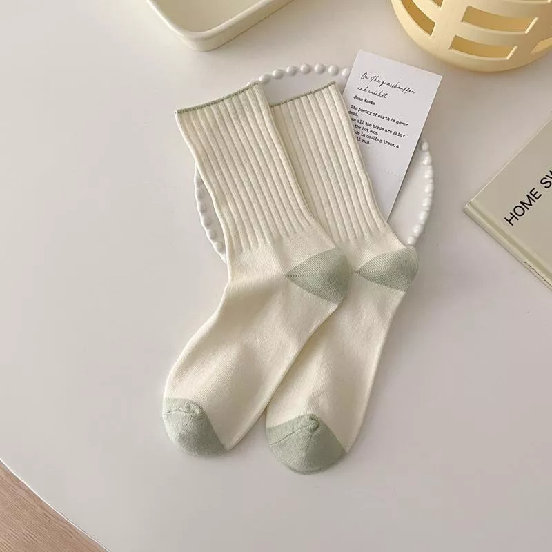 小紅書ins潮 日系簡約奶油粗條撞色中筒襪