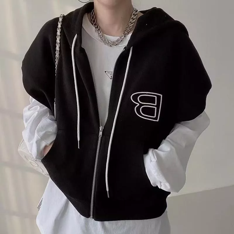 韓版字母刺繡寬鬆連帽背心