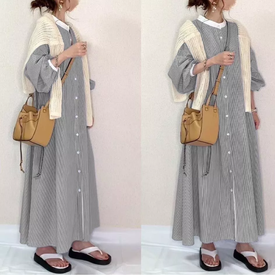 日系文青風撞色寬鬆條紋襯衫連衣裙