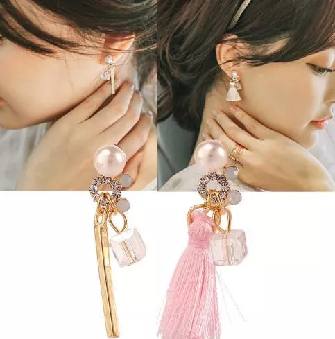 耳環-粉紅佳人 浪漫流蘇水晶耳針三角耳夾