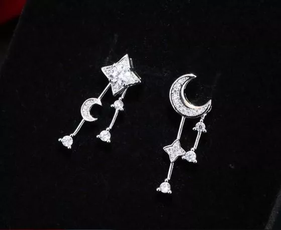 耳環-銀河星光 925銀針星月不對稱耳釘