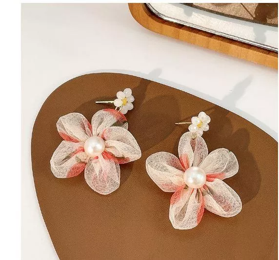 耳環-桃花紅 浪漫歐根紗花朵925銀針耳釘