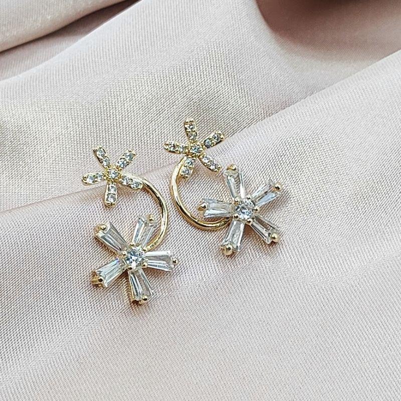 【Alisa 韓國飾品】現貨🍀2092201雙生花鋯石水鑽925銀針耳環 耳環批發  飾品批發商品如說明