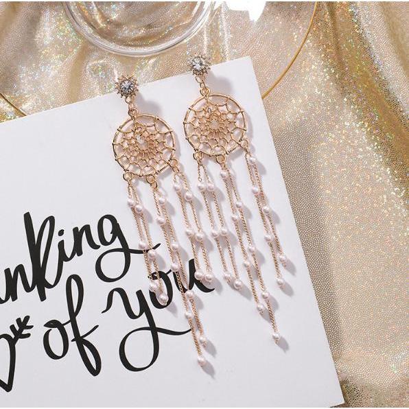 【Alisa 韓國飾品】現貨🍀H9305氣質捕夢網珍珠流蘇水鑽耳環