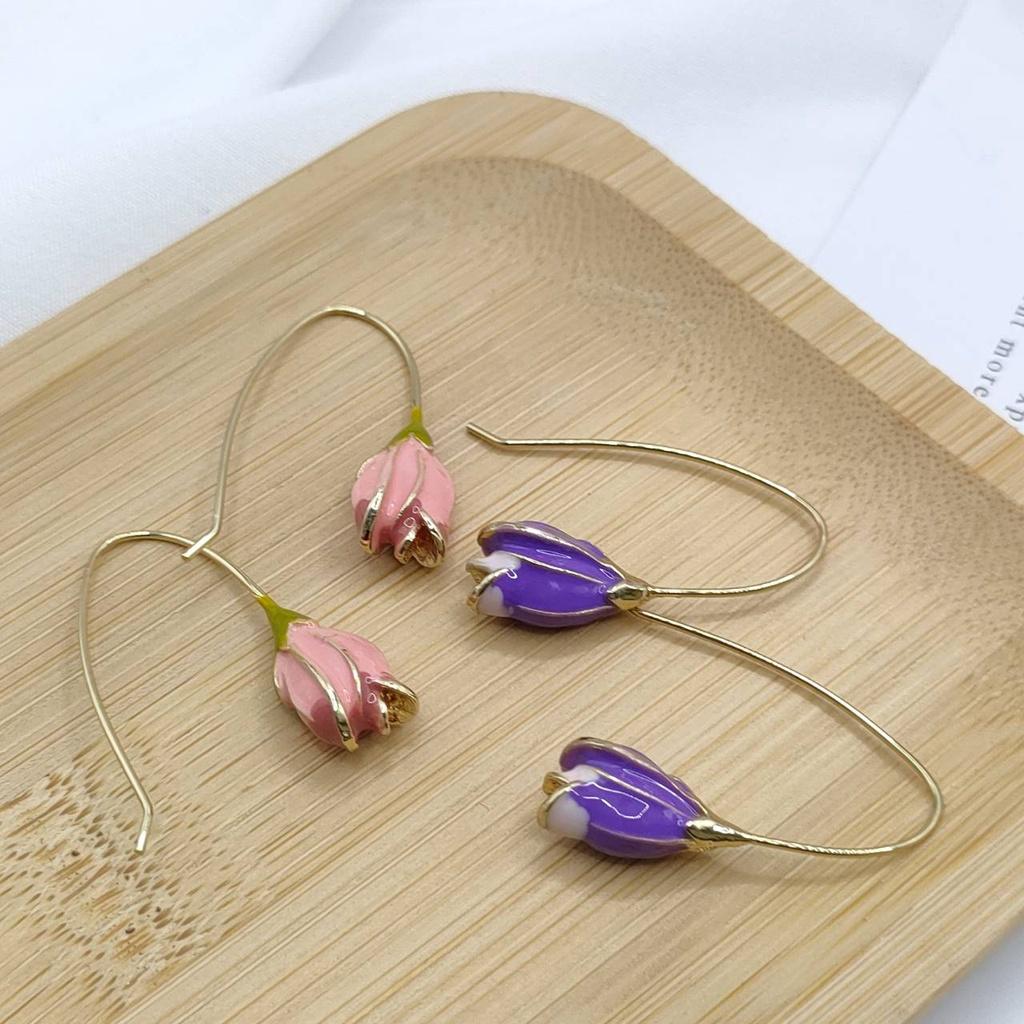 【Alisa 韓國飾品】現貨🍀2061703銅鍍真金925銀針彩繪花苞耳勾 耳環批發  飾品批發商品如說明