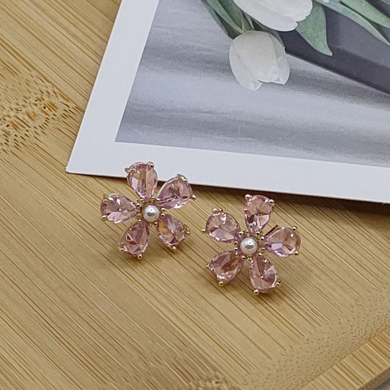 【Alisa 韓國飾品】現貨🍀2061705銅鍍真金925銀針粉色水晶花朵耳釘 耳環批發  飾品批發商品如說明