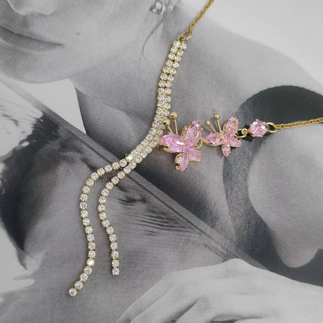 項鍊-彩蝶雙飛 粉色蝴蝶雙水鑽流蘇鎖骨鍊